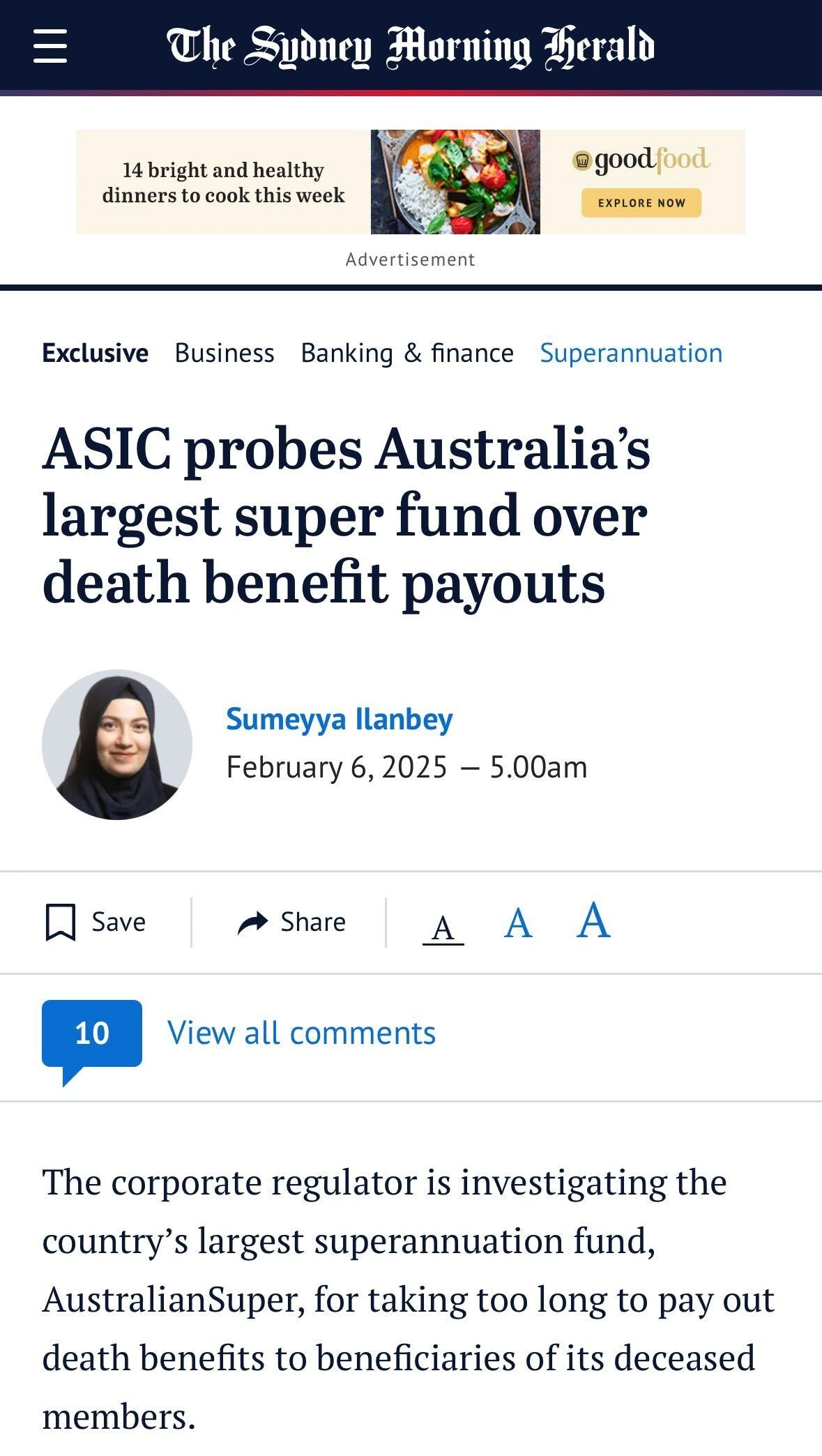 Sydney Morning Herald: ASIC probes Australia's largest super fund over death benefit payouts.