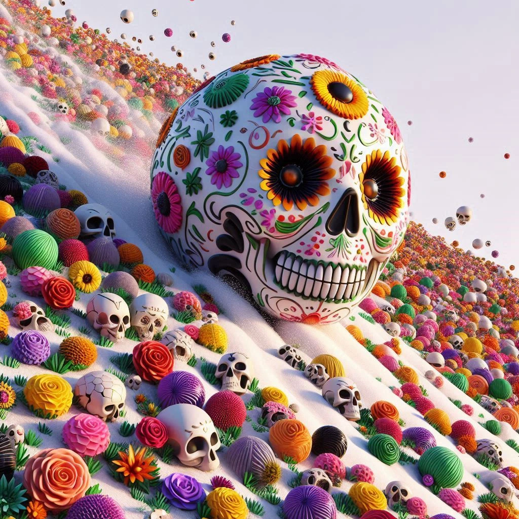 A snowball rolling down a hill in the theme of Mexican Day of the Dead