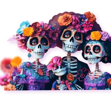 Three colourful human skeletons adorned in flowers in front of light purple mountains in the theme of Mexican Day of the Dead.