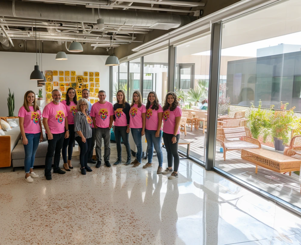 Staff in pink shirts in a contemporary light-filled office.