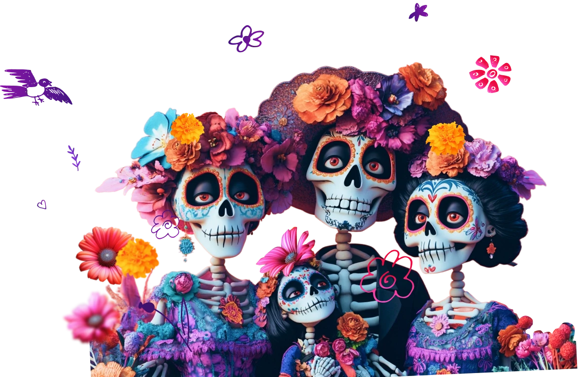 Family of four skeletons in Mexican Day of the Dead theme