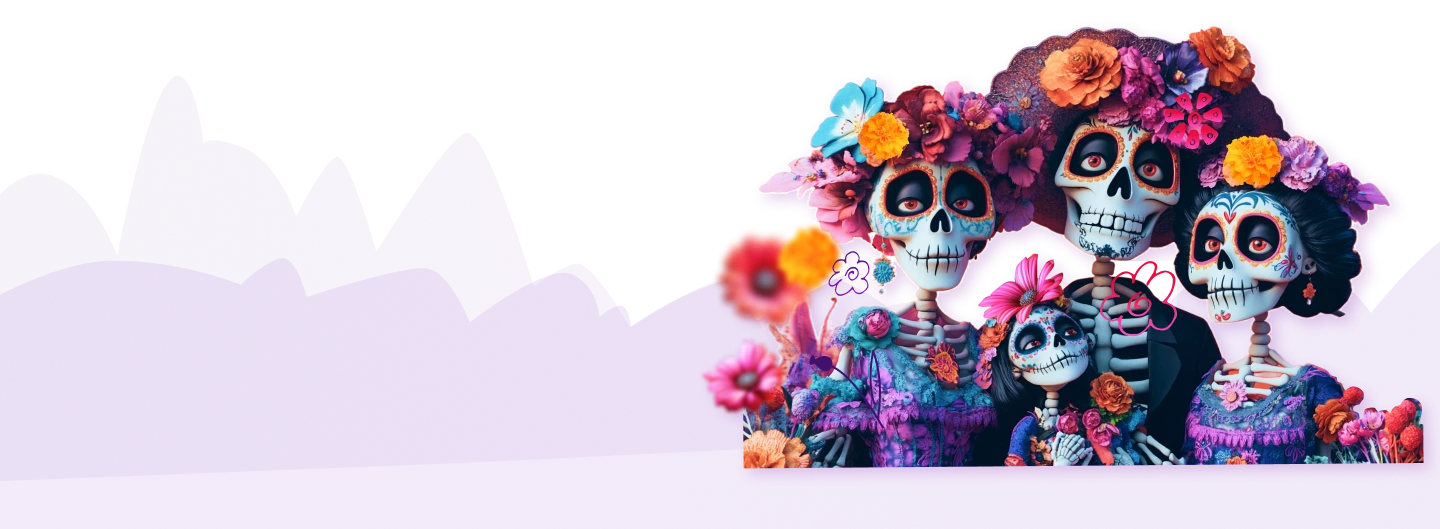 Three colourful human skeletons adorned in flowers in front of light purple mountains in the theme of Mexican Day of the Dead.