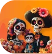 A family of skeletons with a young child adorned in flowers in the theme of Mexican Day of the Dead.