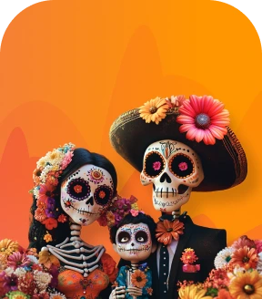 A family of skeletons with a new child on an orange background in the theme of Mexican Day of the Dead.