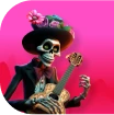 A male skeleton with an acoustic guitar on a pink background in the theme of Mexican Day of the Dead.