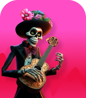 A male skeleton with an acoustic guitar on a pink background in the theme of Mexican Day of the Dead.