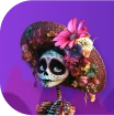 A sad, young female skeleton on a purple background in the theme of Mexican Day of the Dead.