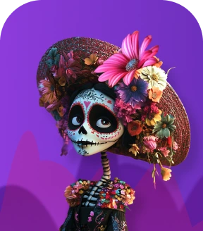 A sad, young female skeleton on a purple background in the theme of Mexican Day of the Dead.