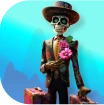 A male skeleton in a suit with two suitcased in front of a blue background in the theme of Mexican Day of the Dead.