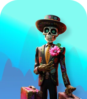 A male skeleton in a suit with suitcases on a blue background in the theme of Mexican Day of the Dead.