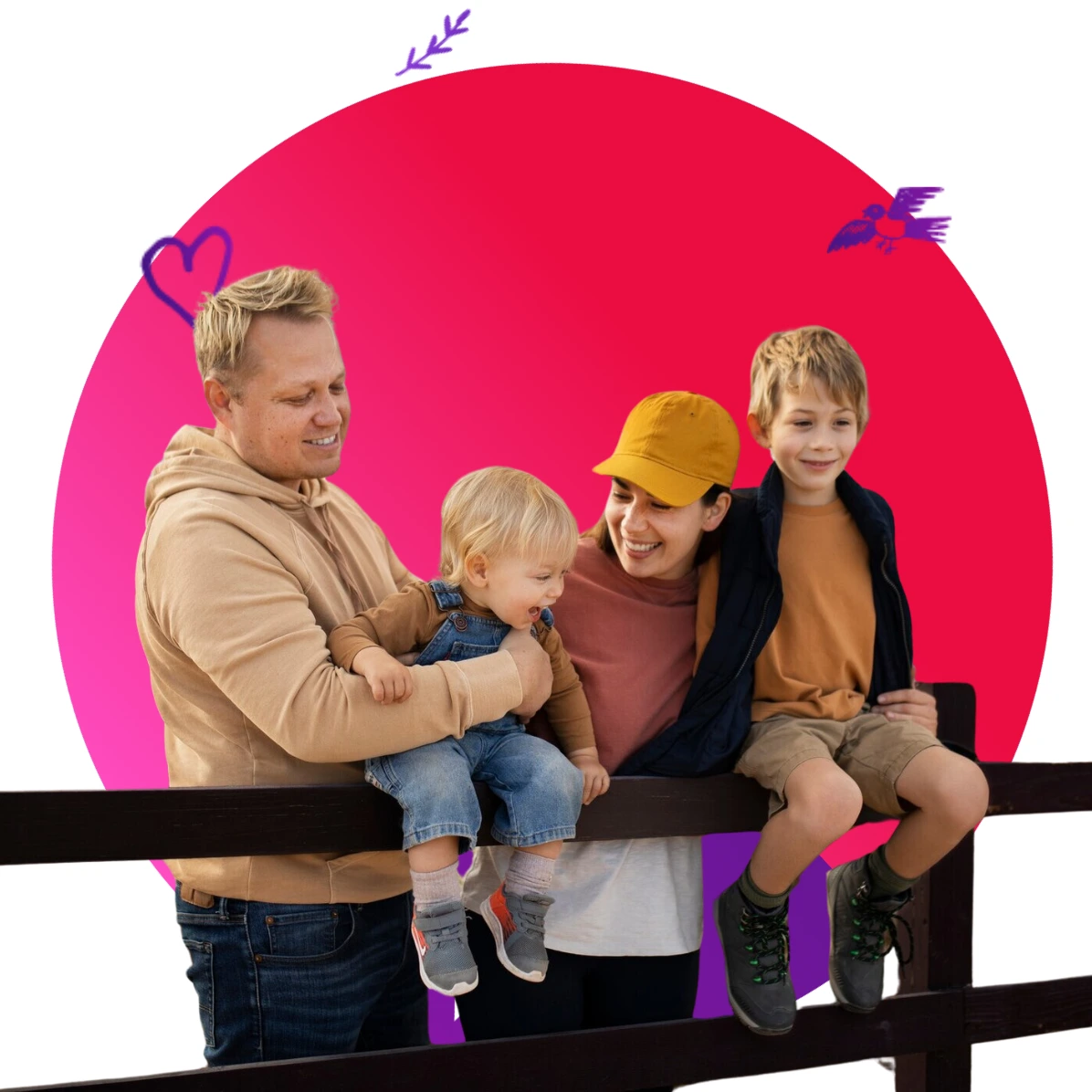 A young family sitting on a fend in front of a pink and red circle.